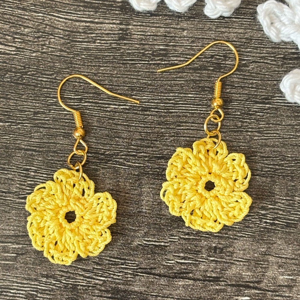 NEW Handcrafted Yellow Crochet Flower Drop Earrings with Gold Hooks